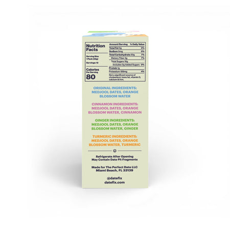 Back of datefix Variety 12-pack box listing ingredients for the Original, Cinnamon, Ginger and Turmeric flavors